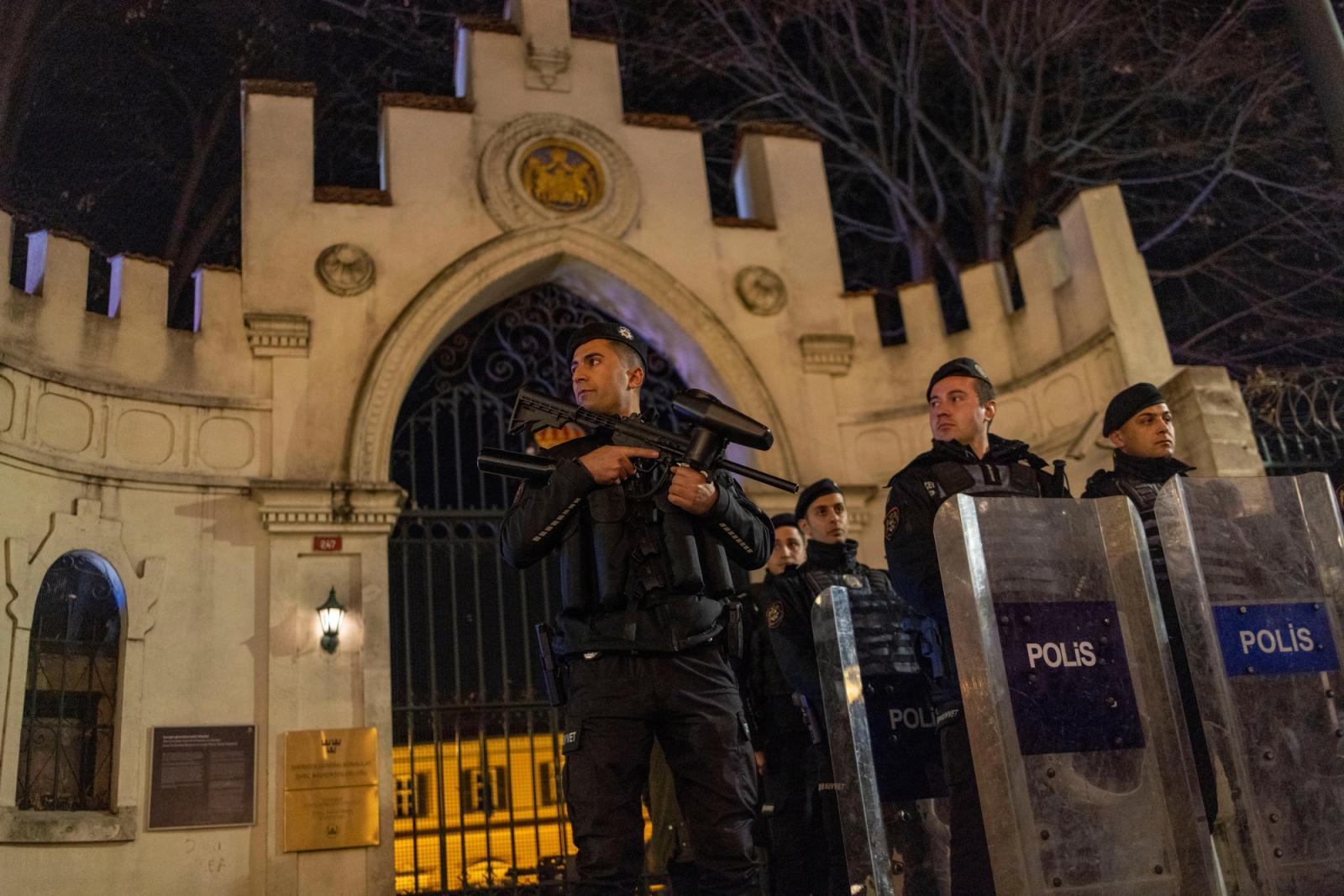 Police officers at the Consulate General of Sweden in Istanbul, Turkey, January 21, 2023. 