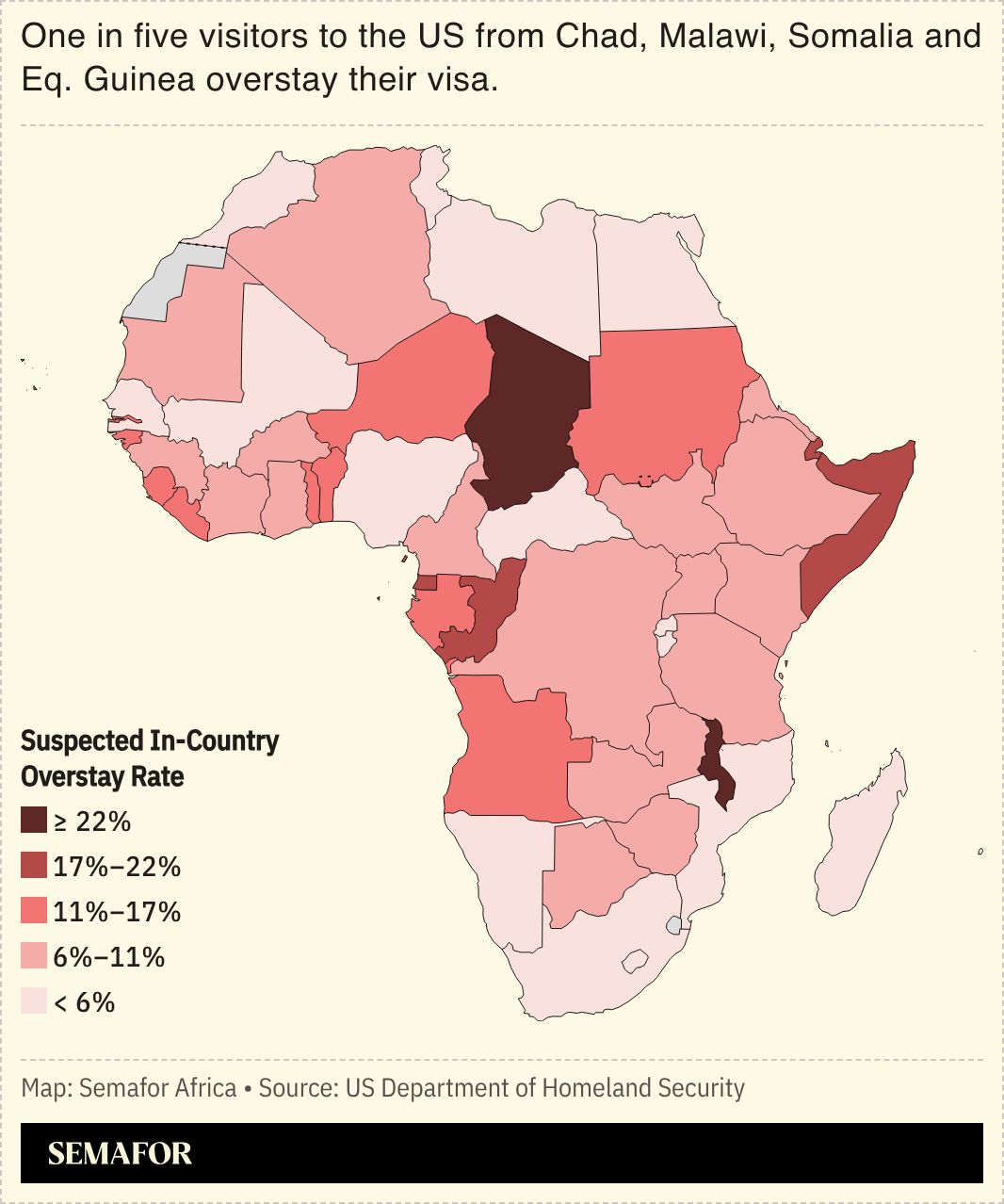 A chart showing 1 in 5 visitors to the US from Chad, Malawi, Somalia and Equatorial Guinea overstay their visa.