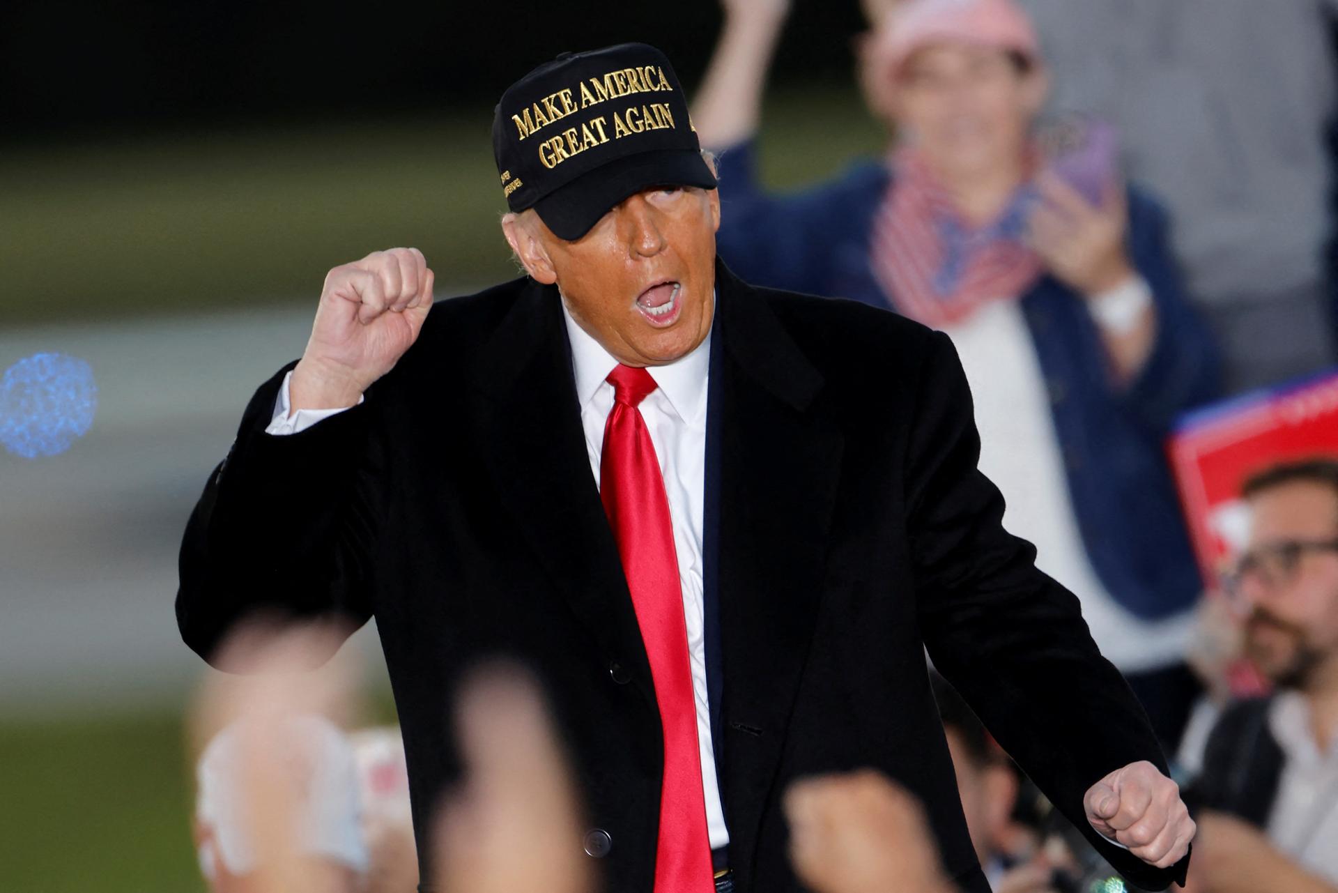 Republican presidential nominee and former US President Donald Trump gestures during his rally in Kinston, North Carolina