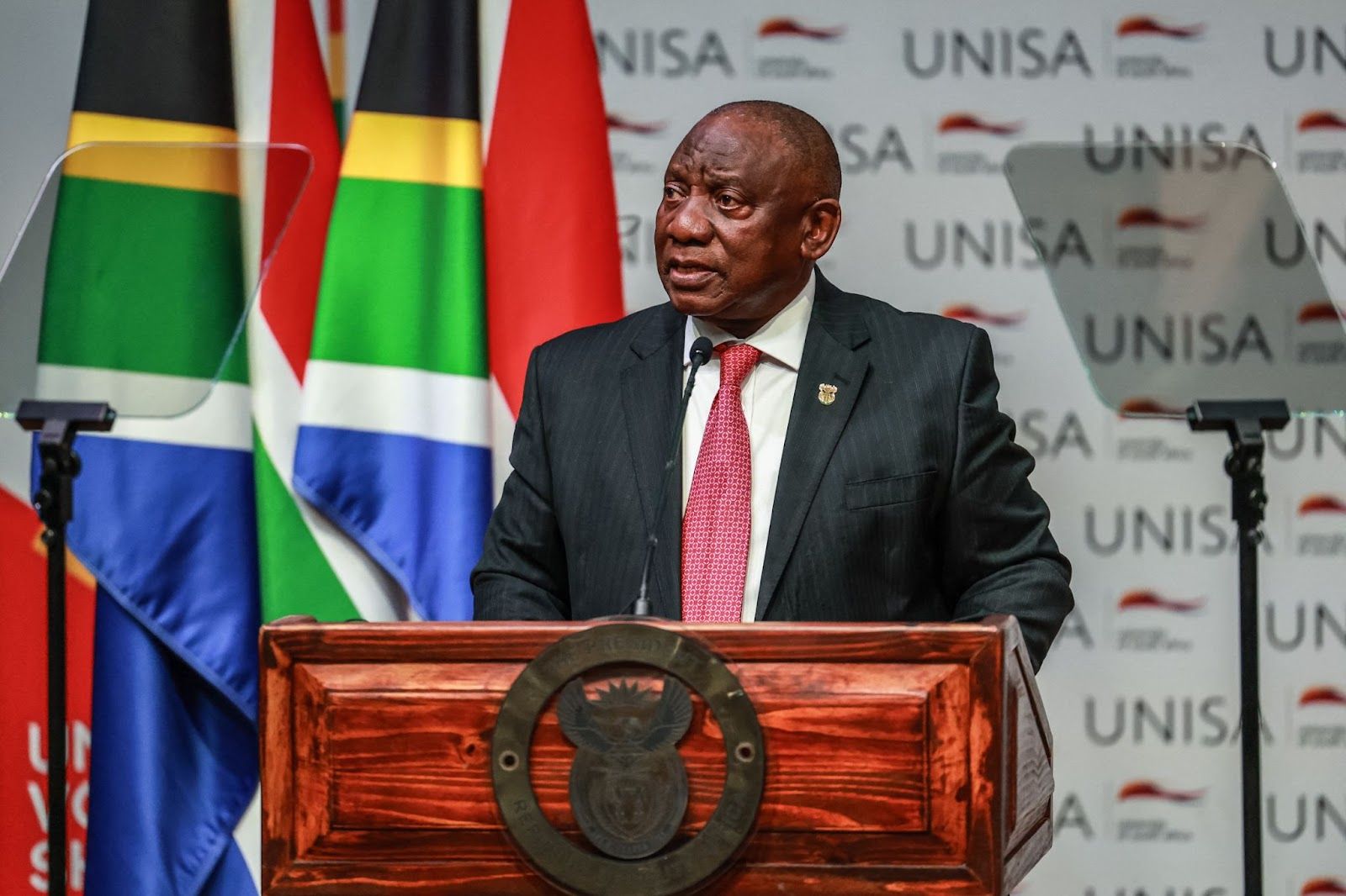 South African President Cyril Ramaphosa at the University of South Africa in Pretoria.