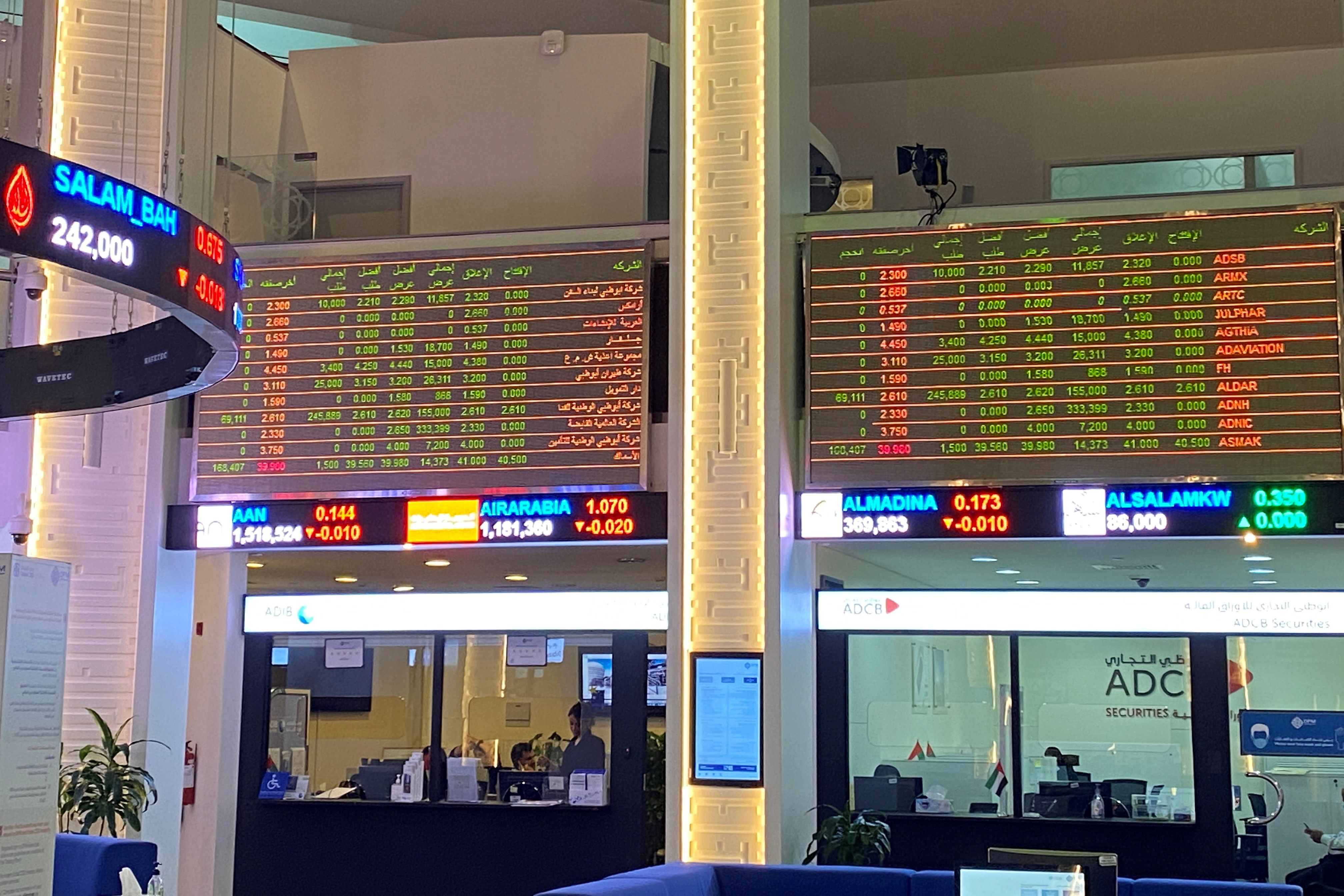 Electronic boards showing stock information are pictured at the stock market, in Dubai, United Arab Emirates.