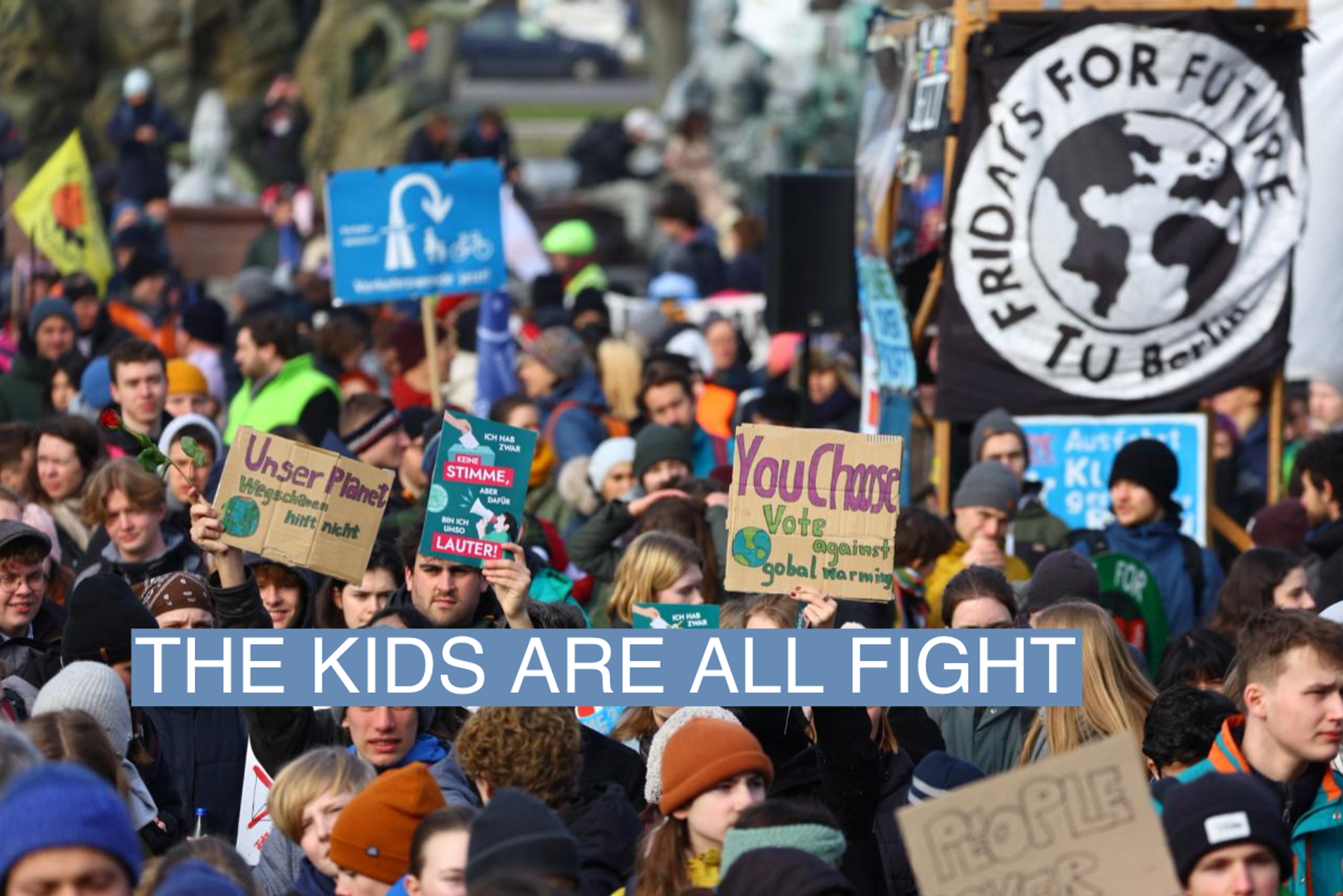 People hold placards as they take part in the Fridays for Future climate strike, ahead of the upcoming state elections, in Berlin, Germany, February 10, 2023. REUTERS/Fabrizio Bensch