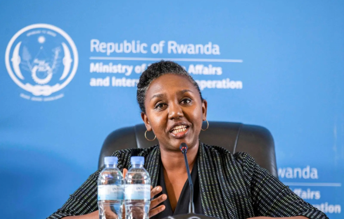 Rwanda’s government spokesperson Yolande Makolo addresses a news conference.