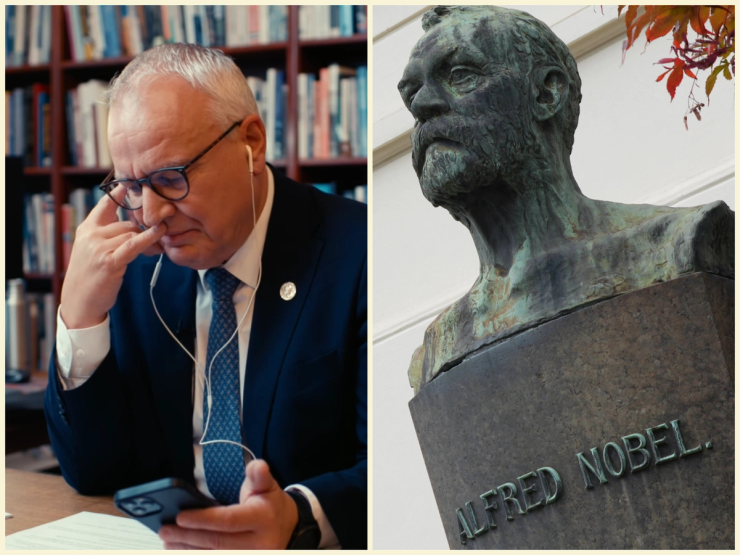 Screenshot of Kristian Berg Harpviken and a photo of Alfred Nobel’s statue in Oslo