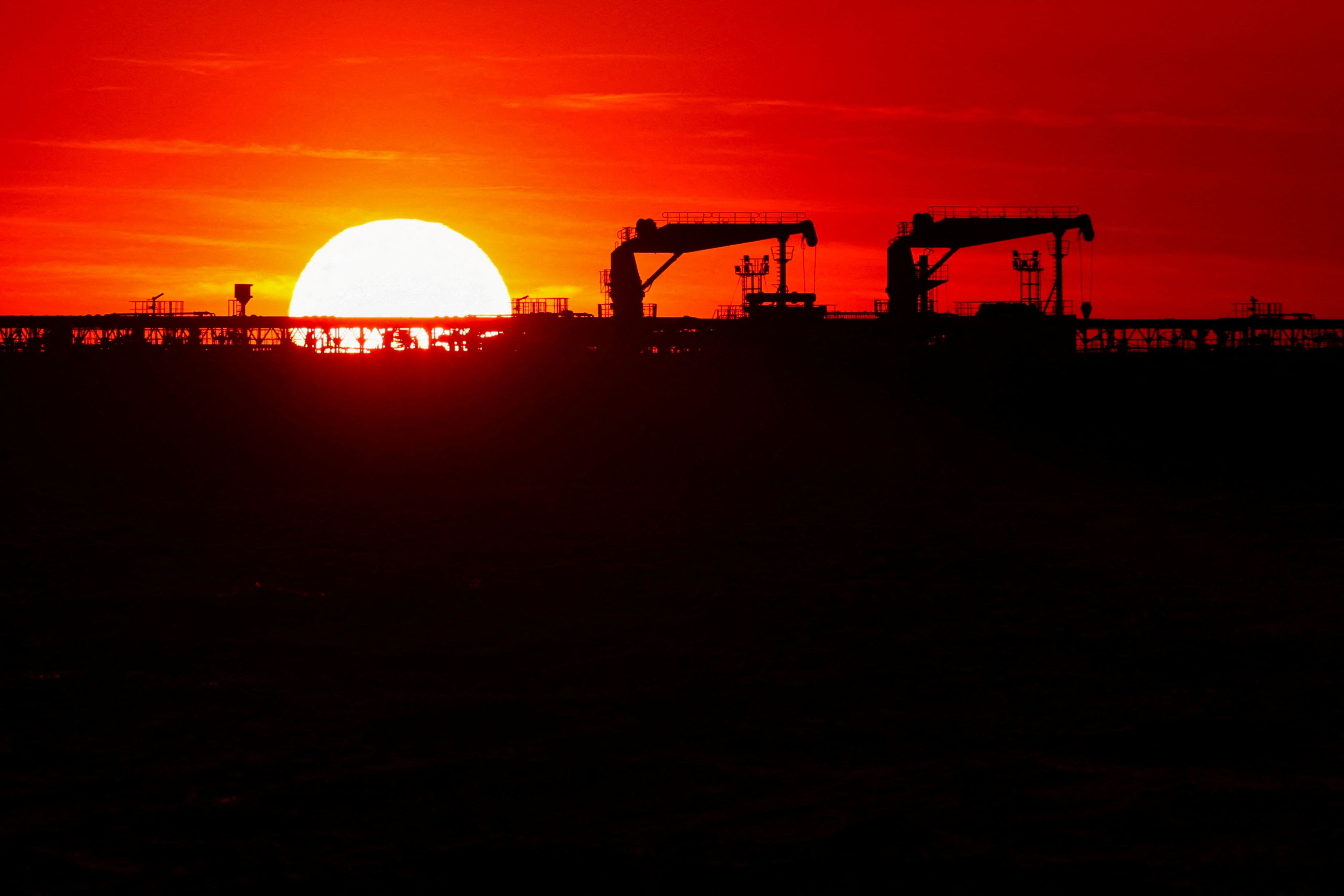 Deck cranes on the deck of an oil tanker