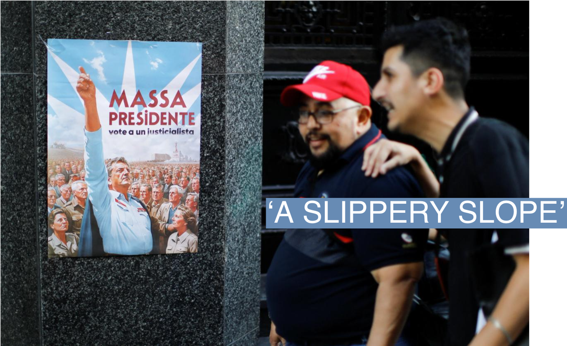 A campaign poster of Argentine presidential candidate Sergio Massa is pictured outside the Ministry of Economy building ahead of the November 19 runoff election, in Buenos Aires, Argentina November 15, 2023. REUTERS/Agustin Marcarian