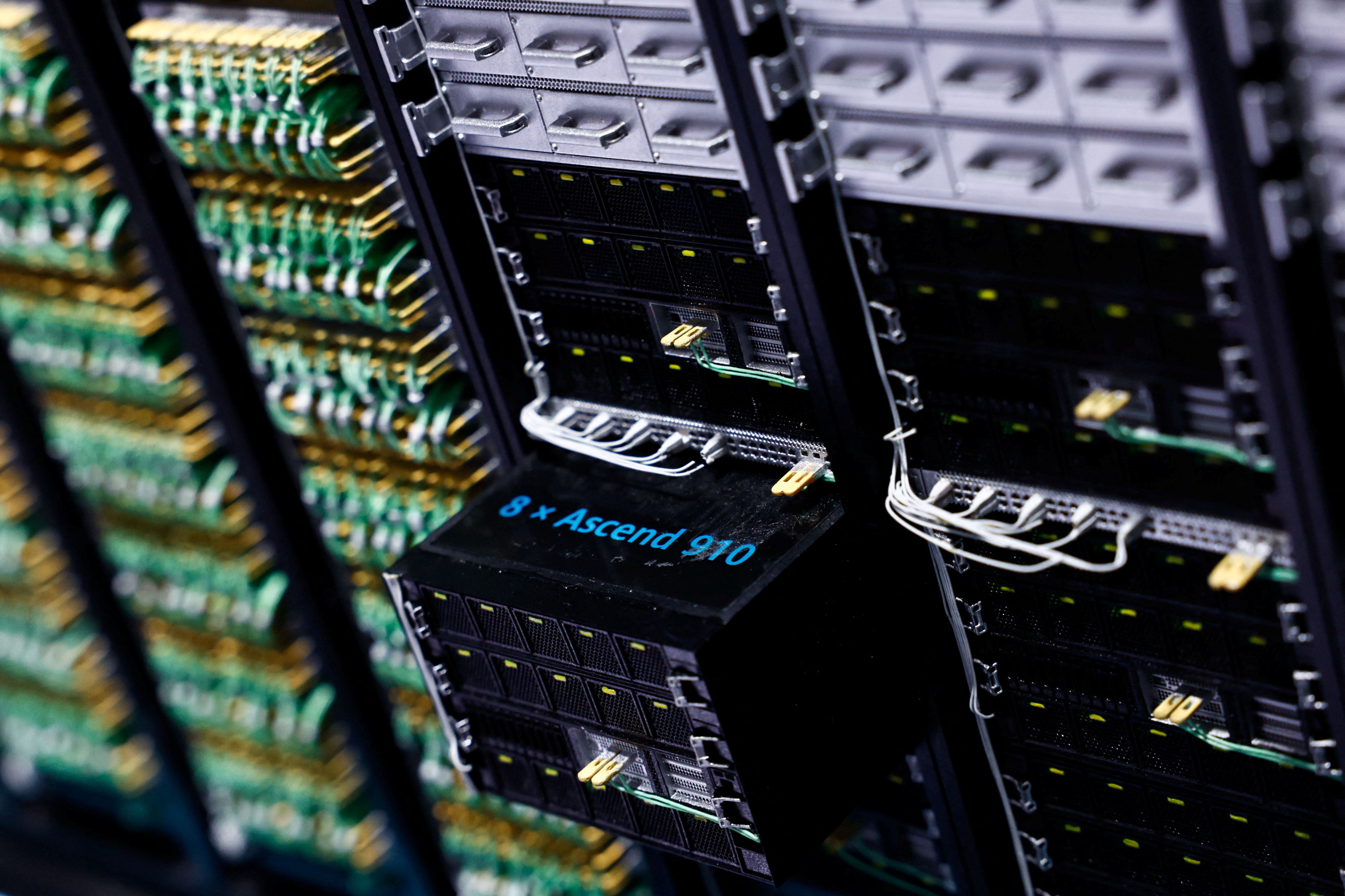 Huawei’s CloudMatrix 384 system with Ascend 910 AI processors are displayed at the company’s booth, at the expo of the World Internet Conference in Wuzhen town of Tongxiang city, Zhejiang province, China.