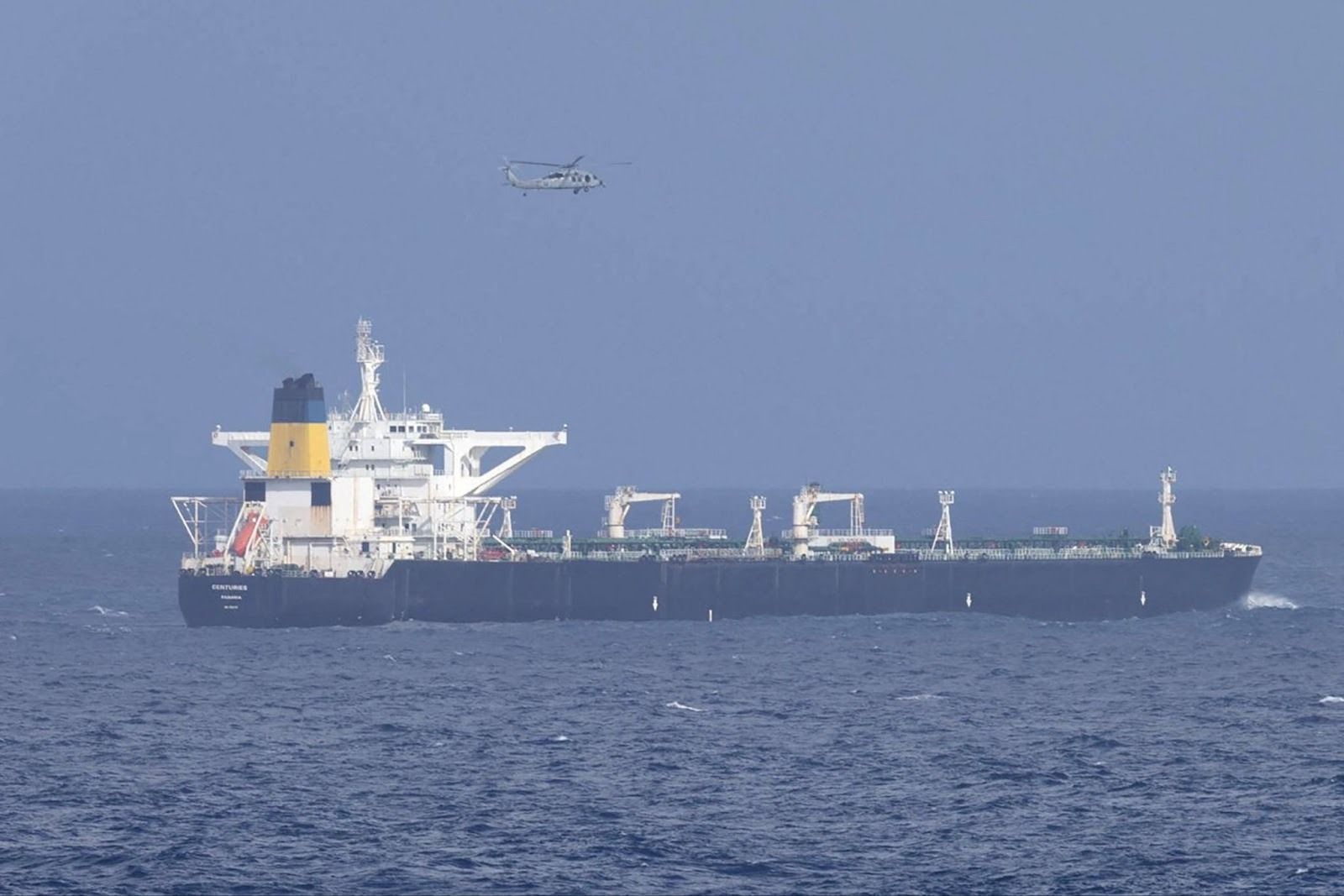 An American helicopter over a tanker off the coast of Venezuela. 