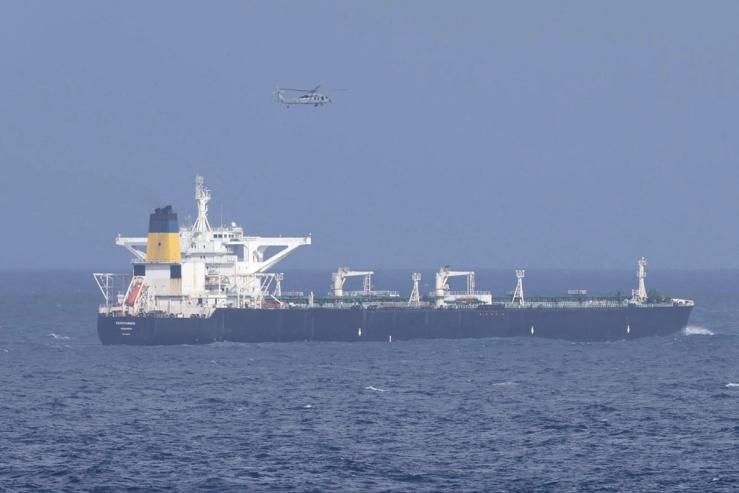 An American helicopter over a tanker off the coast of Venezuela.