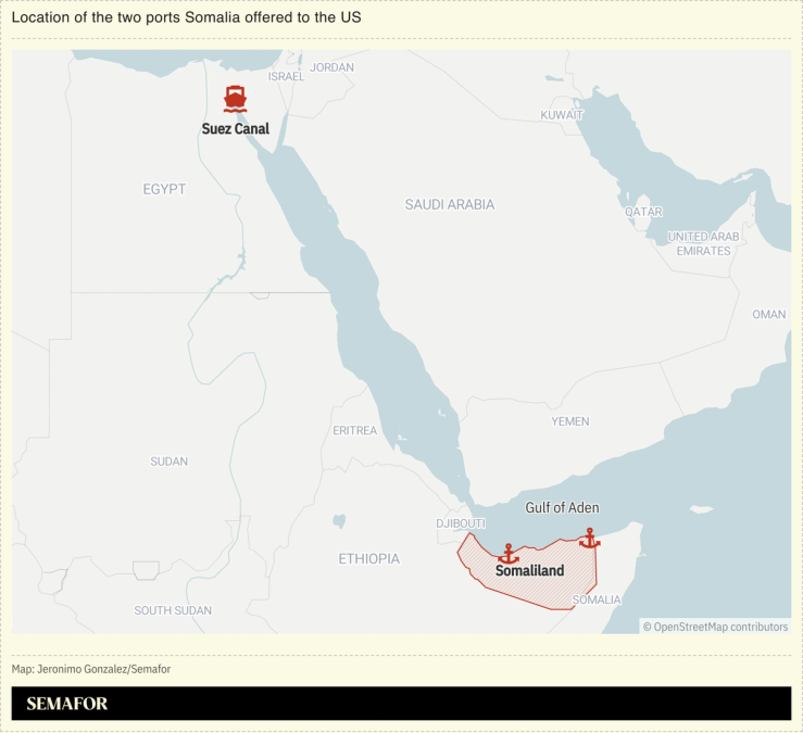 A map showing the location of the two ports Somalia offered to the US