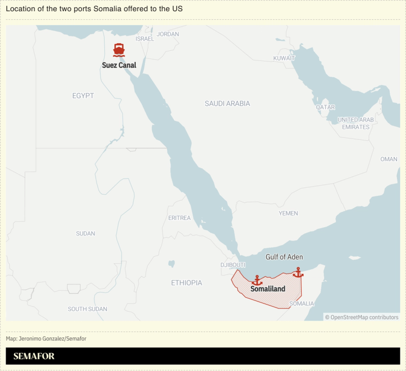 A map showing the location of the two ports Somalia offered to the US