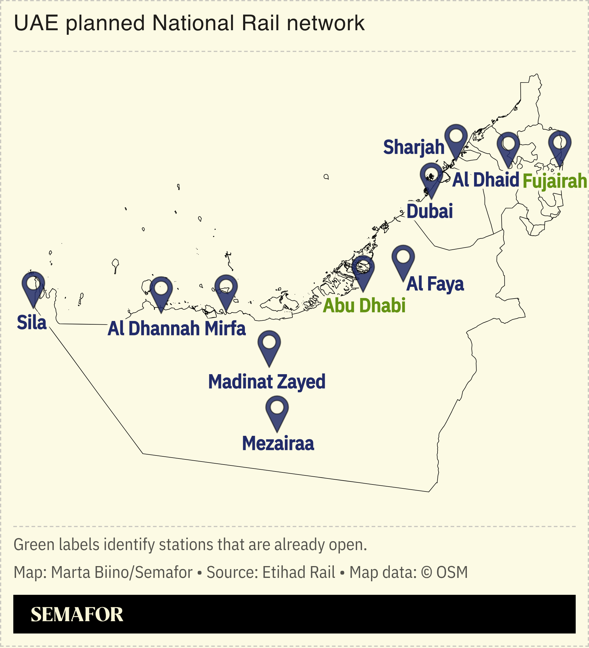 A map of planned rail stations in the UAE.