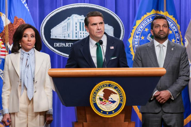 Acting Attorney General Todd Blanche speak next to U.S. Attorney for the District of Columbia Jeanine Pirro and U.S. Federal Bureau of Investigation Director Kash Patel