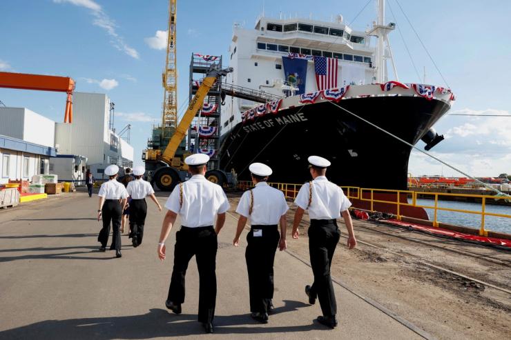 Cadets with the Maine Maritime Academy tour the National Security Multi-Mission Vessel (NSMV) “State of Maine”, at the Hanwha Philly Shipyard in Philadelphia, Pennsylvania