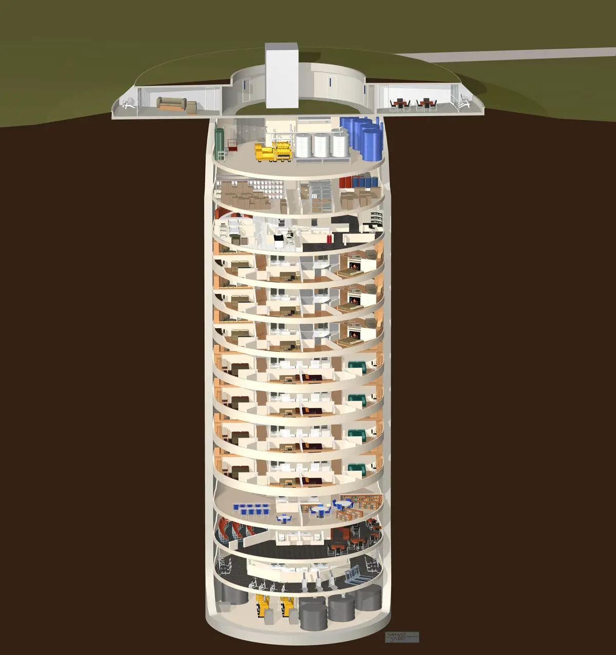 lustración de un búnker subterráneo cilíndrico con múltiples niveles. Cada piso está diseñado con diferentes espacios, incluyendo áreas de vivienda, almacenamiento, recreación y seguridad. En la parte superior se encuentran sistemas de abastecimiento como depósitos de agua y generadores eléctricos, mientras que en la parte inferior hay salas de control y equipamiento técnico. El diseño sugiere un refugio autosuficiente y altamente estructurado para largas estadías bajo tierra.