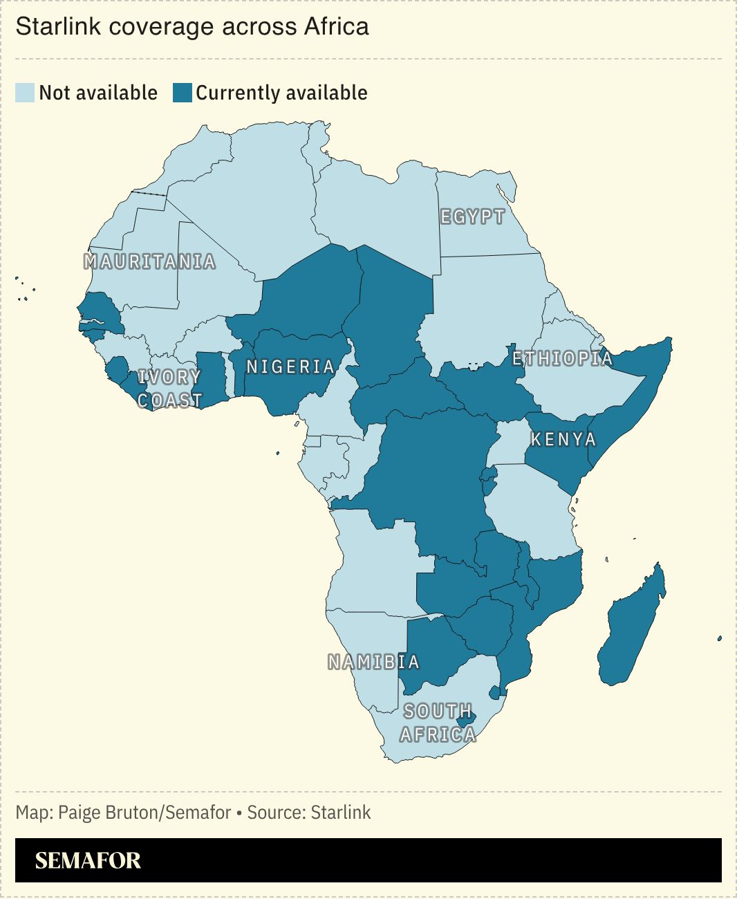 A map showing Starlink availability across Africa.