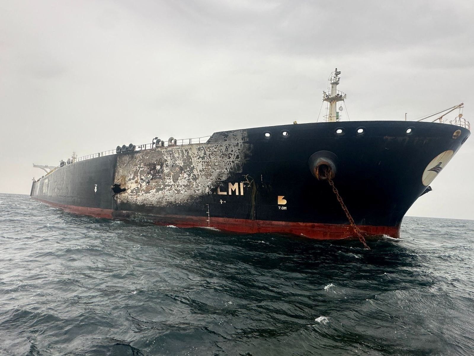 Damage to the Kuwait-flagged Al-Salmi crude oil tanker, following a reported Iranian strike. 
