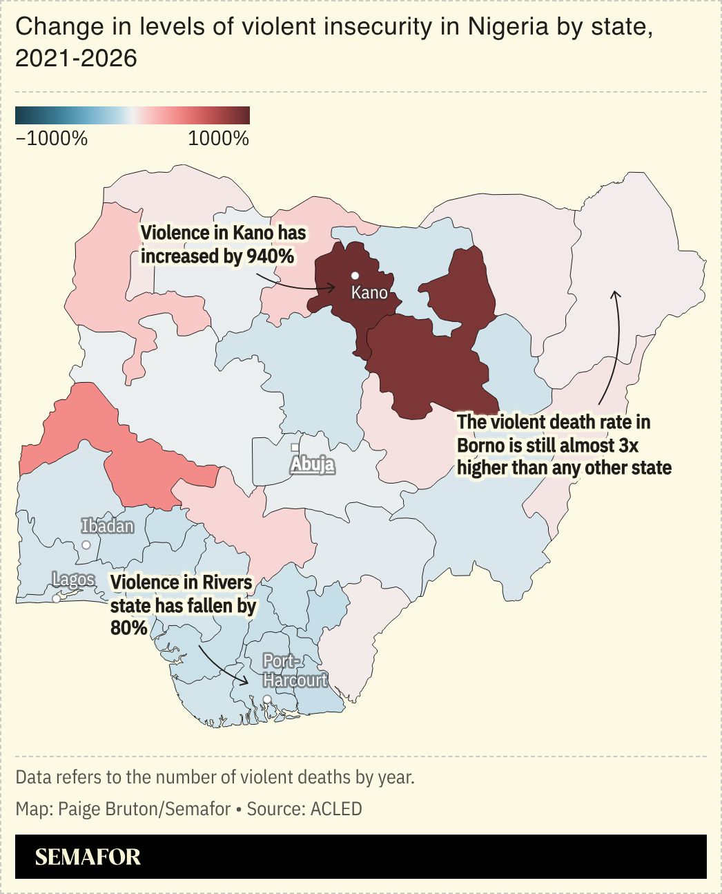 A chart showing the changes in levels of violent insecurity in Nigeria by state, 2021-2026.
