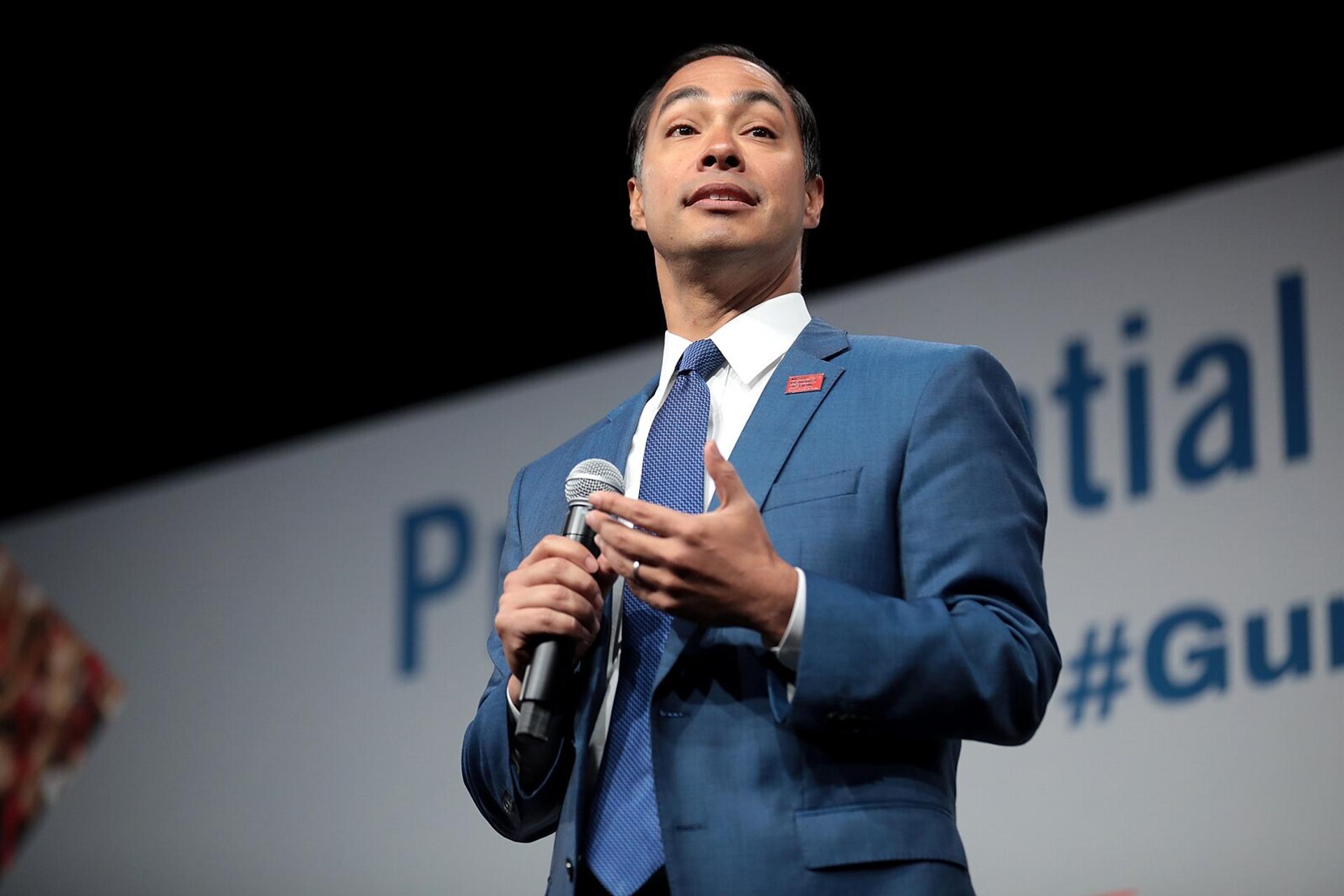 Former Secetary of Housing and Urban Development Julian Castro speaking with attendees at the Presidential Gun Sense Forum hosted by Everytown for Gun Safety and Moms Demand Action at the Iowa Events Center in Des Moines, Iowa.