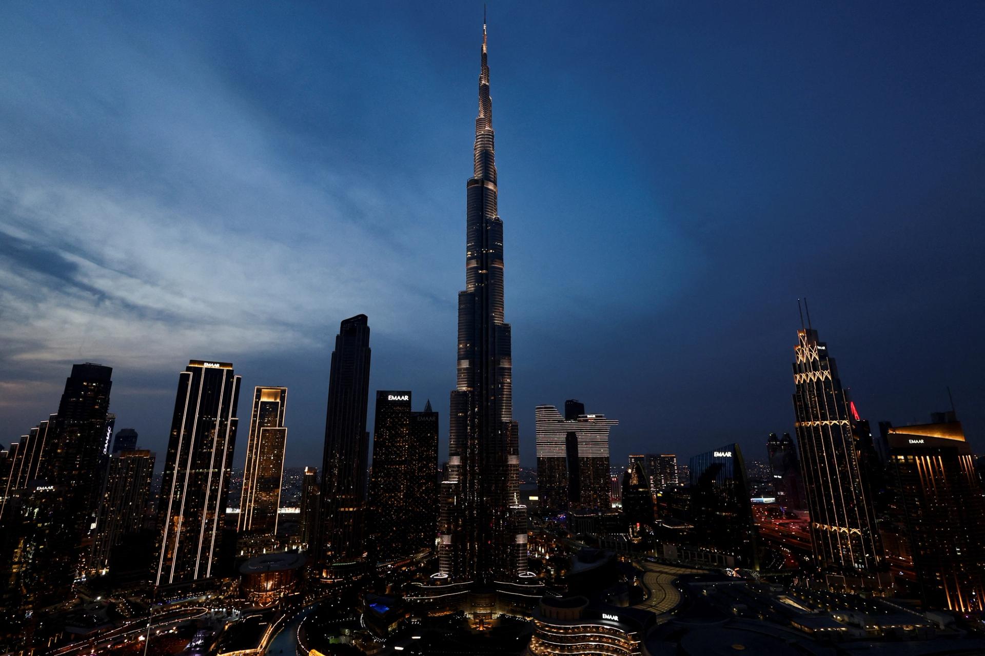 Dubai’s skyline by night.