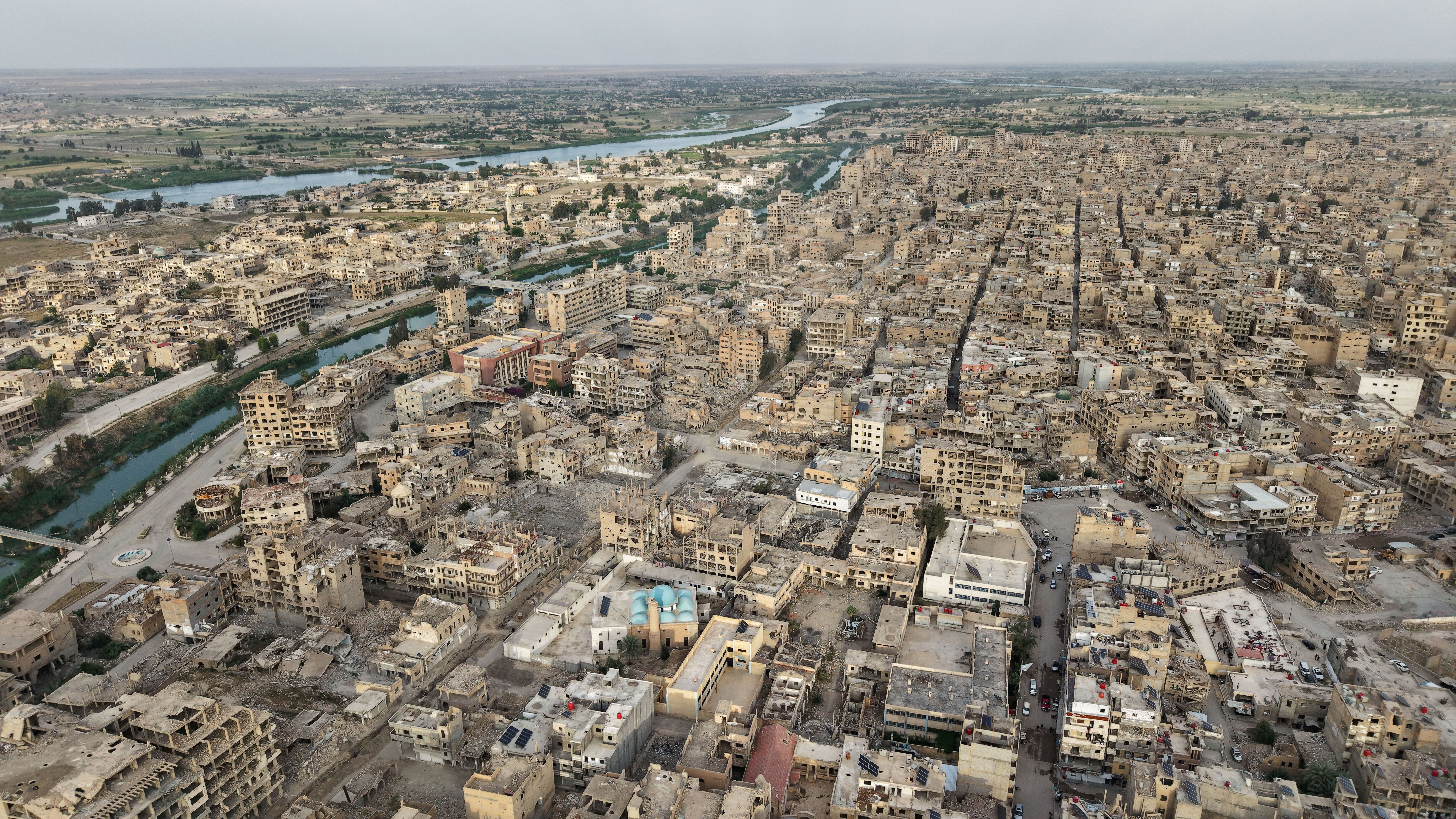 A drone view of Deir al-Zor city and the Euphrates River, Syria.