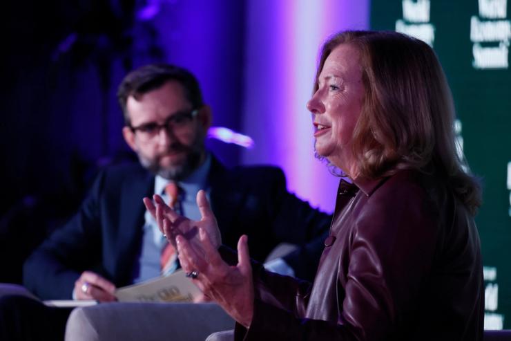 Andrew Edgecliffe-Johnson, CEO Editor, Semafor and Barbara Humpton, CEO, USA Rare Earth speak onstage during the Semafor World Economy Summit Fall Edition