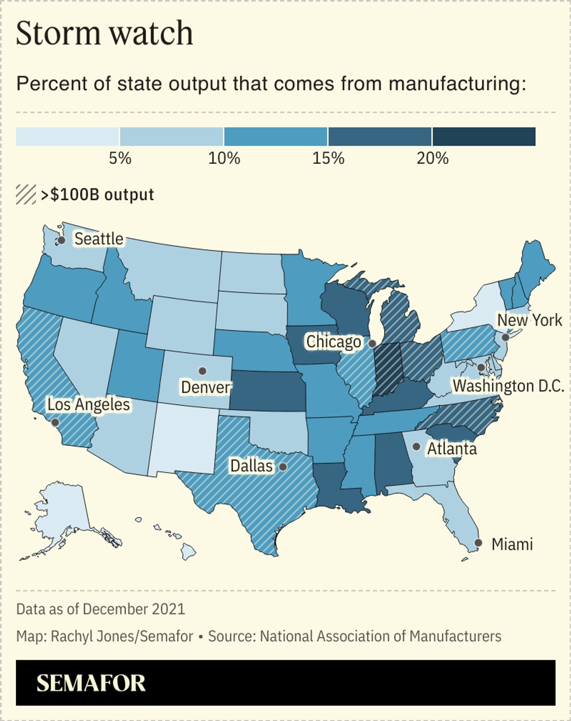 A chloropleth map of the United States, showing the percentage of state output that comes from manufacturing