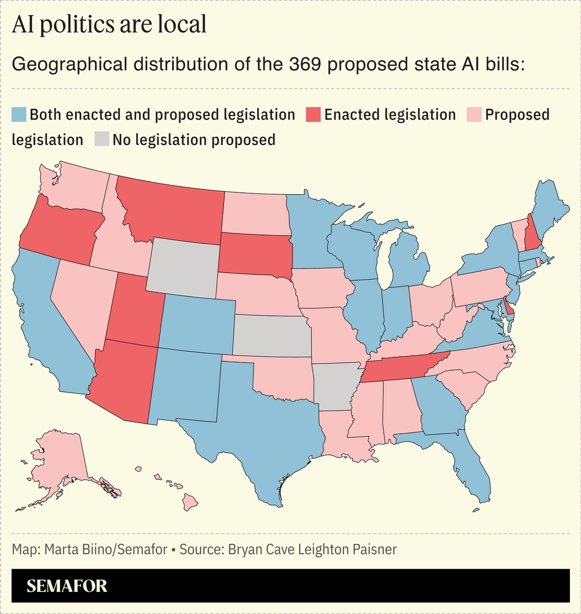 A map showing how US states are regulating AI.