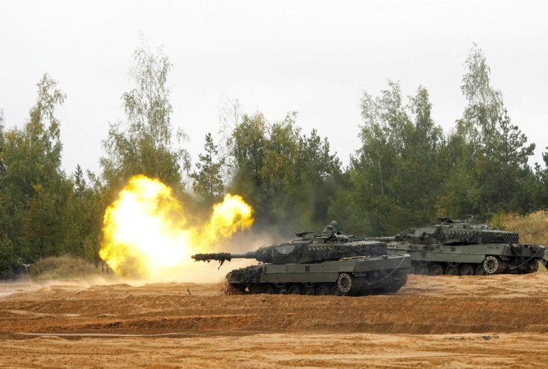 NATO enhanced Forward Presence battle group Spanish army tank Leopard 2 fires during the final phase of the Silver Arrow 2022 military drill on Adazi military training grounds, Latvia September 29, 2022.