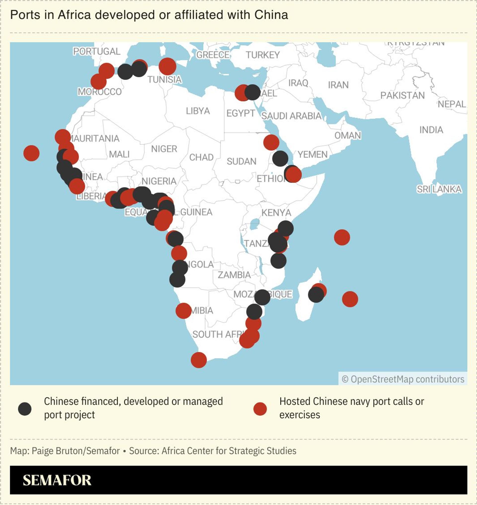 Map of Africa showing the location of ports with a Chinese presence.