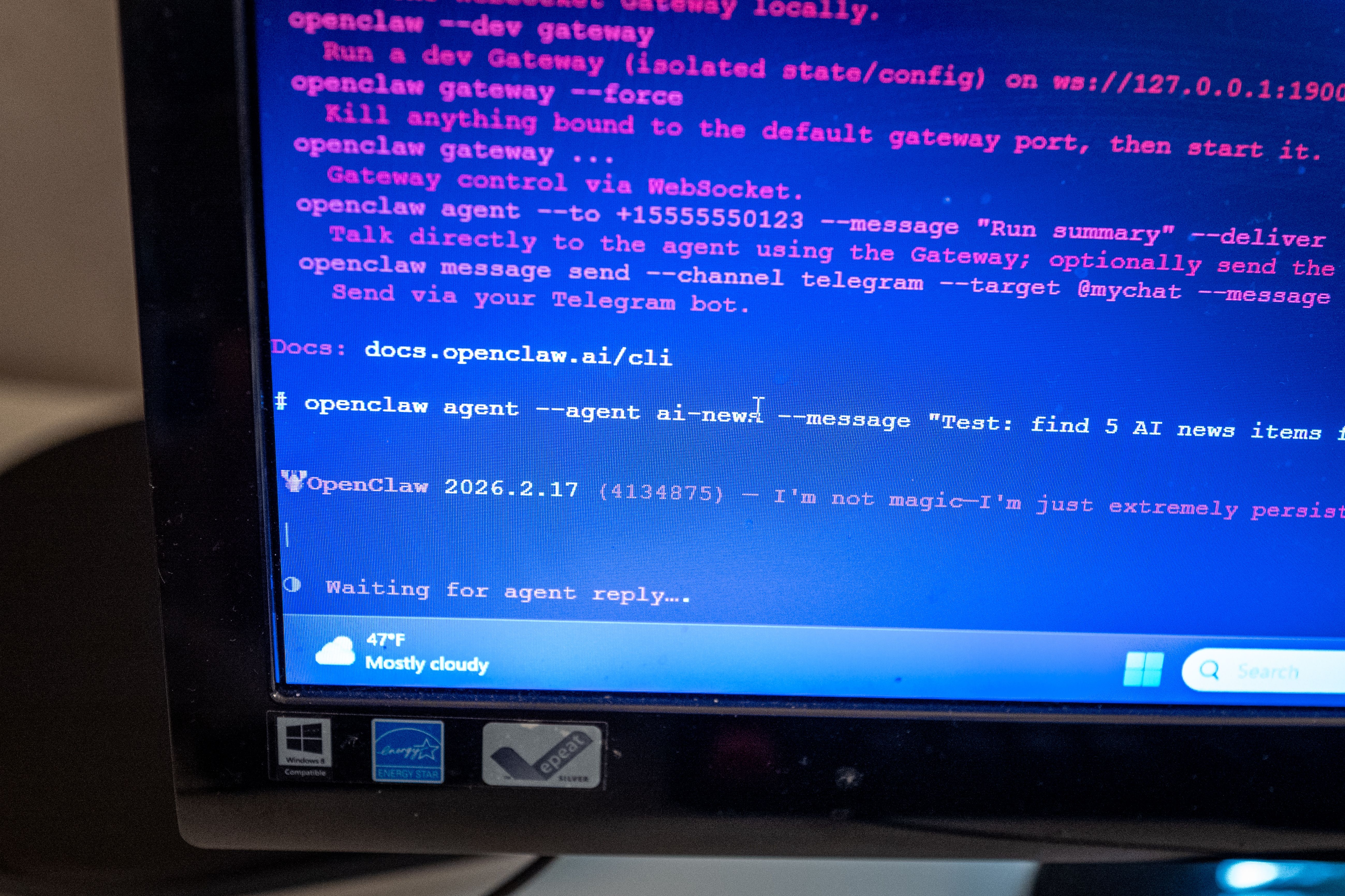 Close-up of computer screen showing Linux terminal running the OpenClaw agentic artificial intelligence platform, Lafayette, California