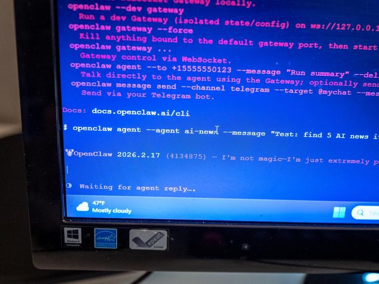 Close-up of computer screen showing Linux terminal running the OpenClaw agentic artificial intelligence platform, Lafayette, California