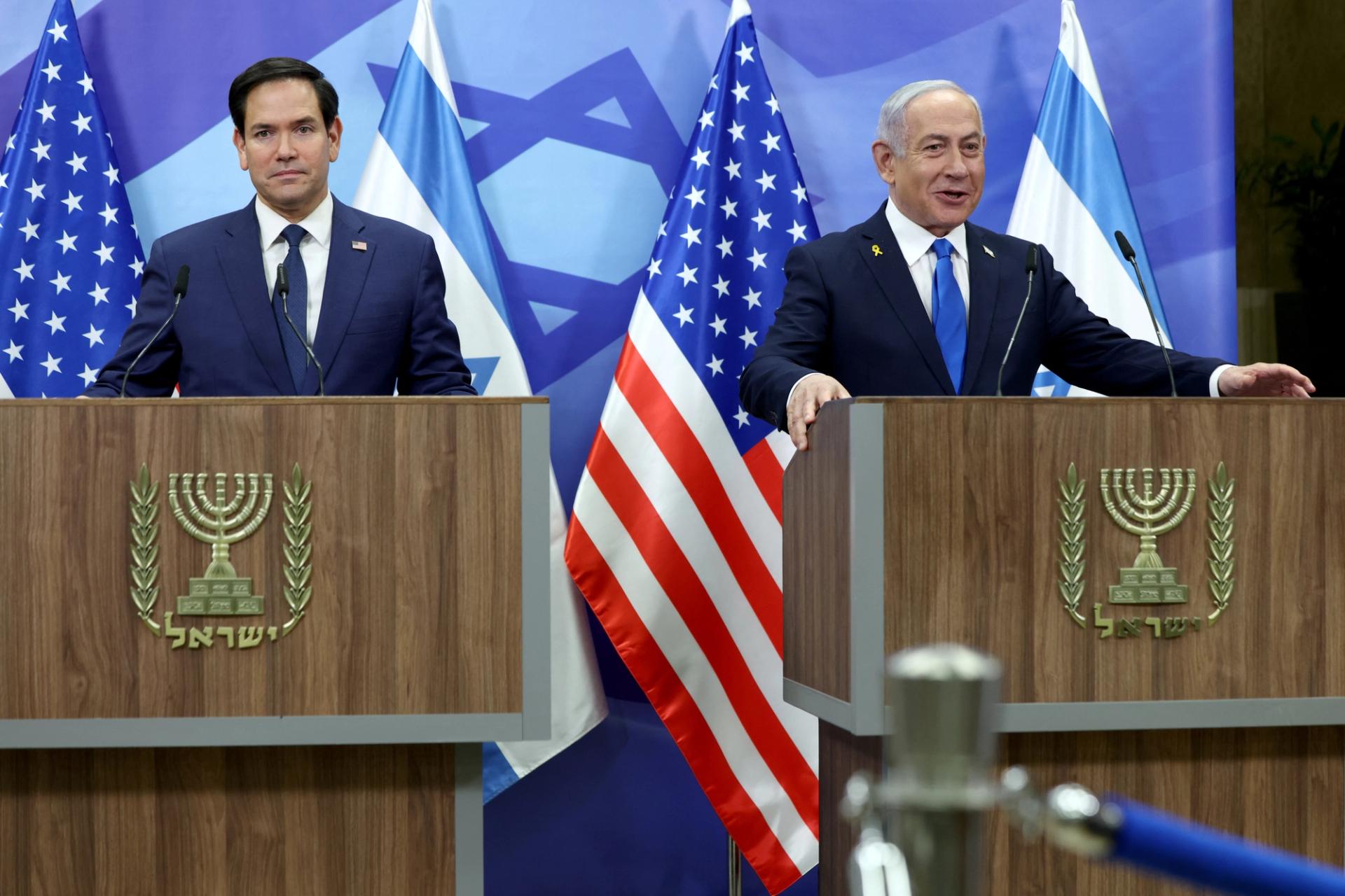 US Secretary of State Marco Rubio and Israeli Prime Minister Benjamin Netanyahu speak to the press at the Prime Minister’s office in Jerusalem.