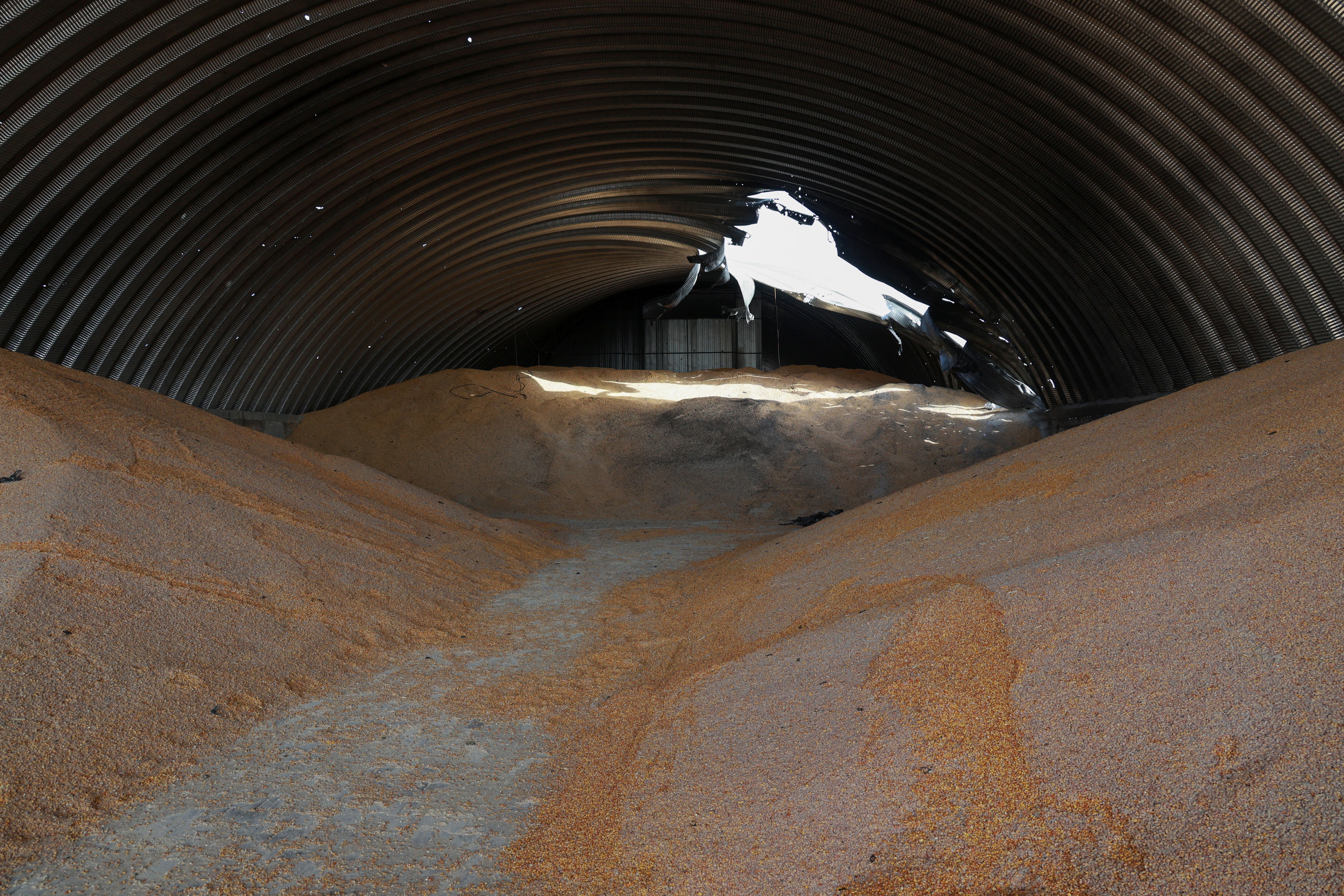 A grain store damaged during a Russian drone strike in 2024.
