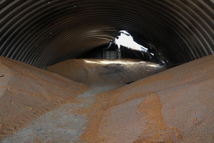 A grain store damaged during a Russian drone strike in 2024.