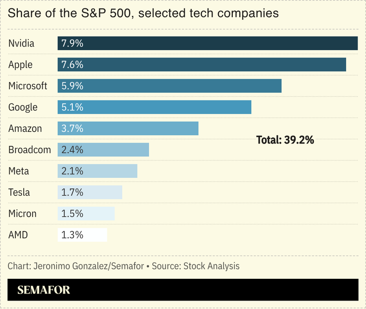 A chart showing the share of the S&P 500 held by select tech companies.