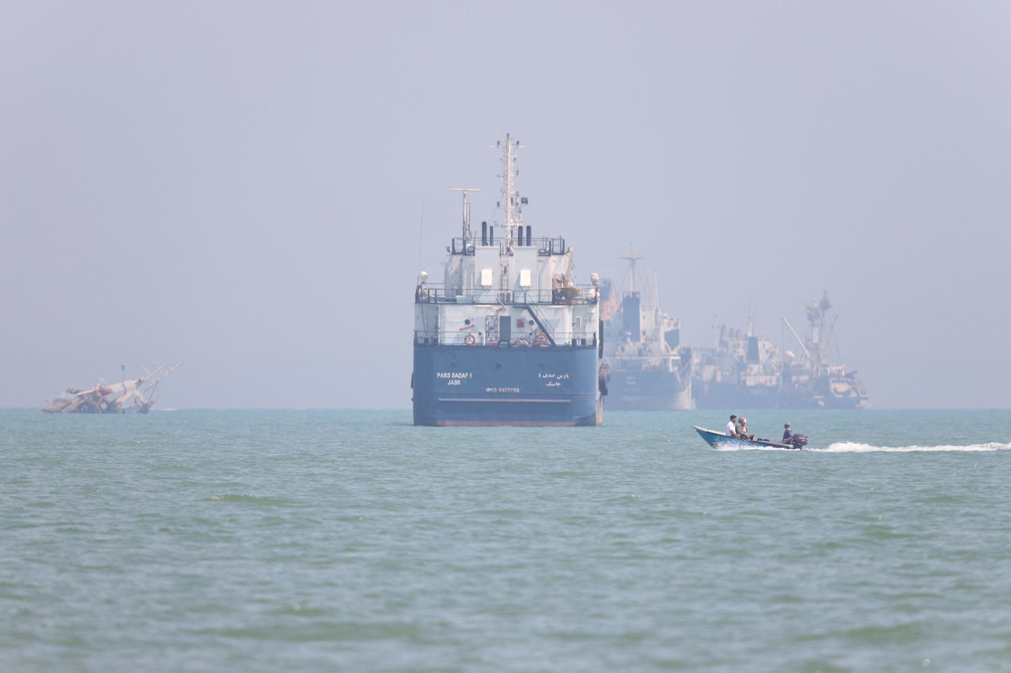 Ships lined up along the Strait of Hormuz. 