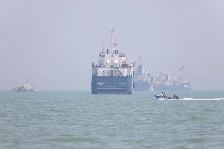 Ships lined up along the Strait of Hormuz.