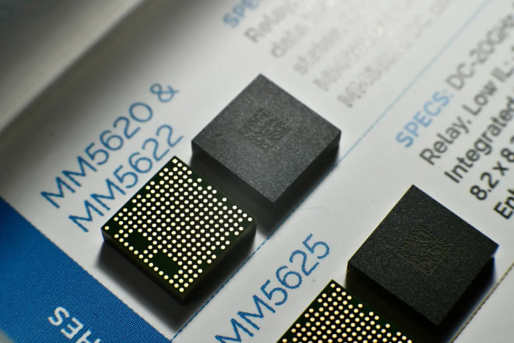 A switching chip, manufactured by Menlo Micro, an Irvine, California-based company, and used by Nvidia to test and validate its AI chips, November 18, 2025.