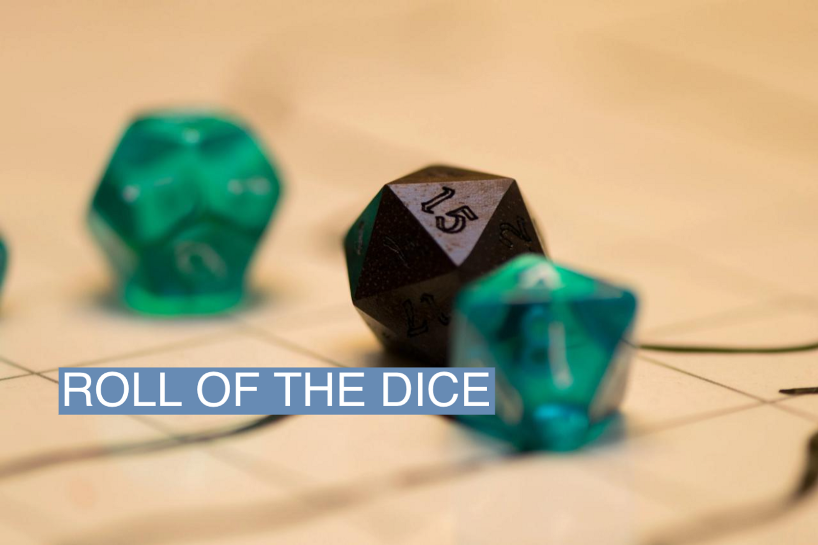 D20 dice used in Dungeons & Dragons are shown on a table top.