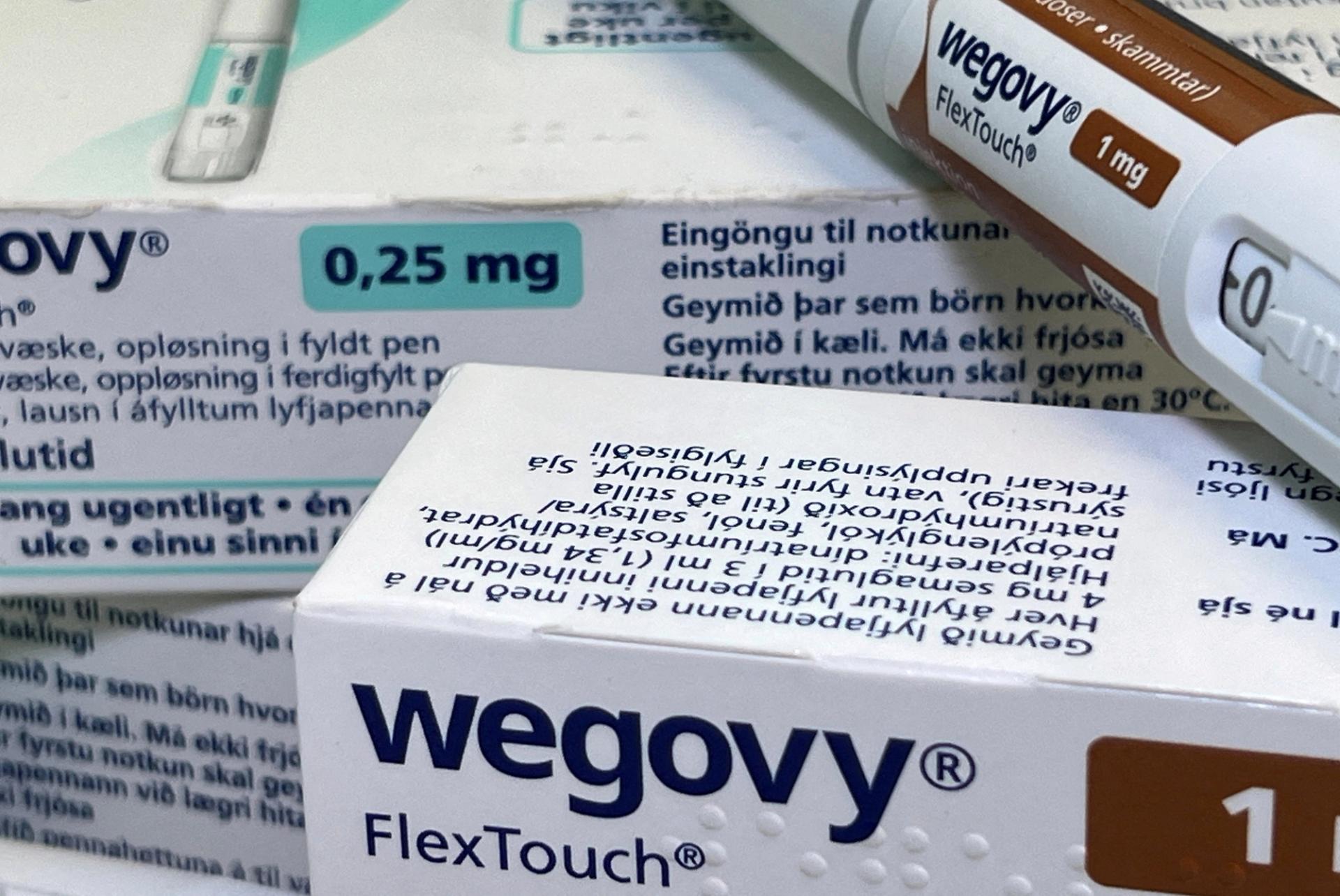 Injection pens and boxes of Novo Nordisk’s weight-loss drug Wegovy.