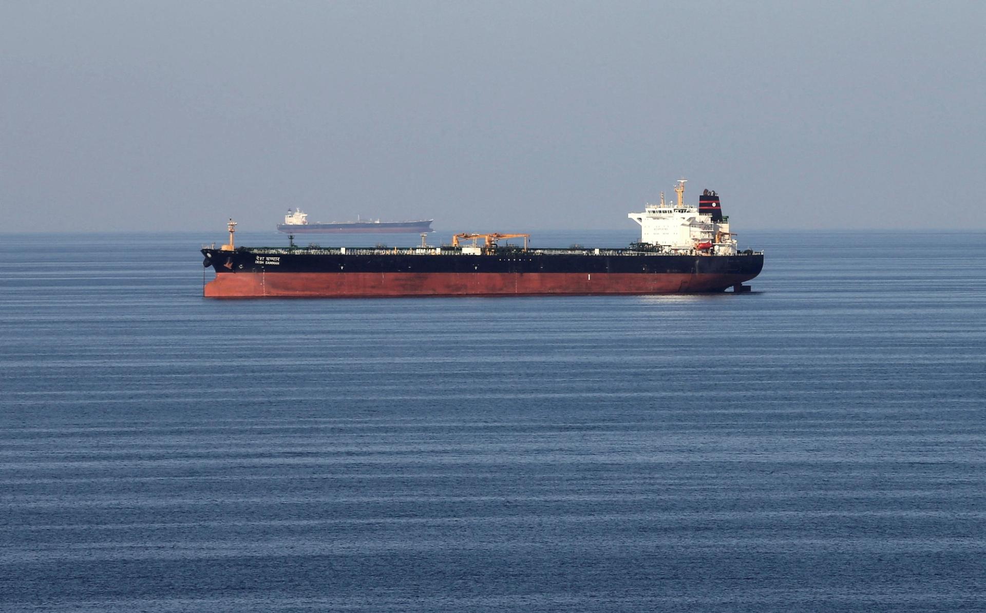 Oil tankers pass through the Strait of Hormuz.