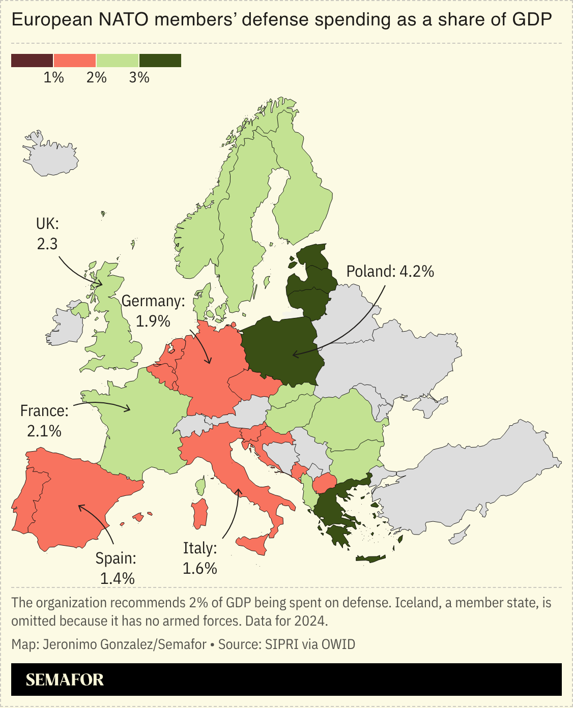 A map showing defense spending in Europe as a share of GDP. 