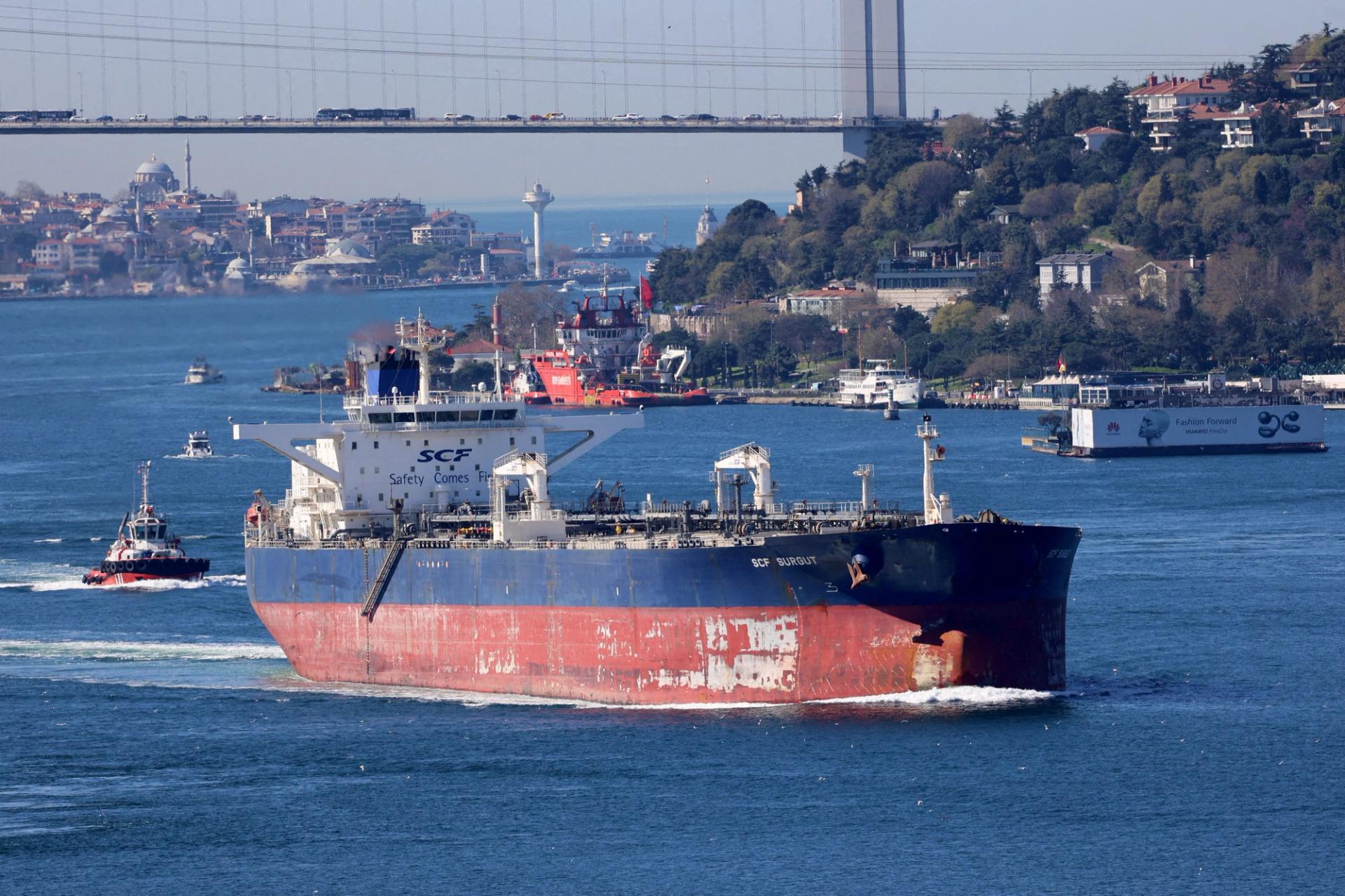 Crude oil tanker SCF Surgut, owned by Russia’s Sovcomflot, transits the Bosphorus in Istanbul, Turkey.