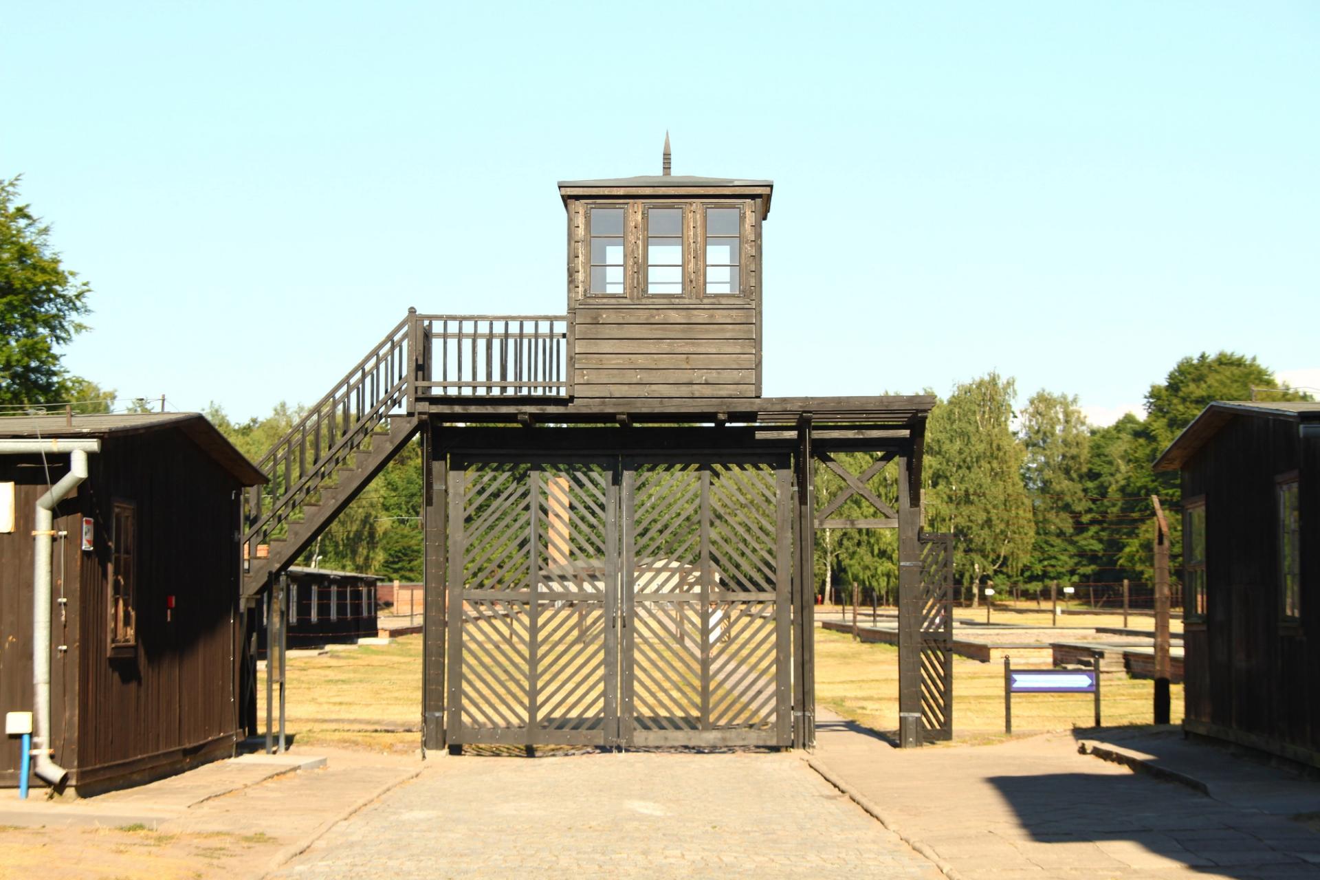 A photograph of the guard tower at Stutthof concentration camp.