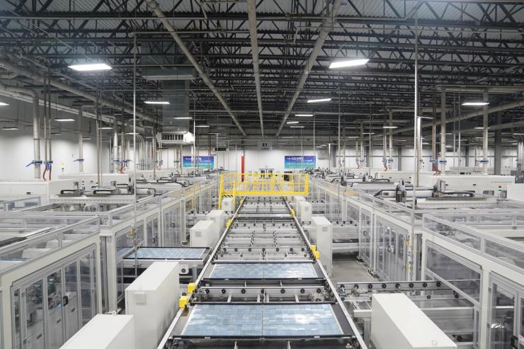 Solar panels are built in a factory.