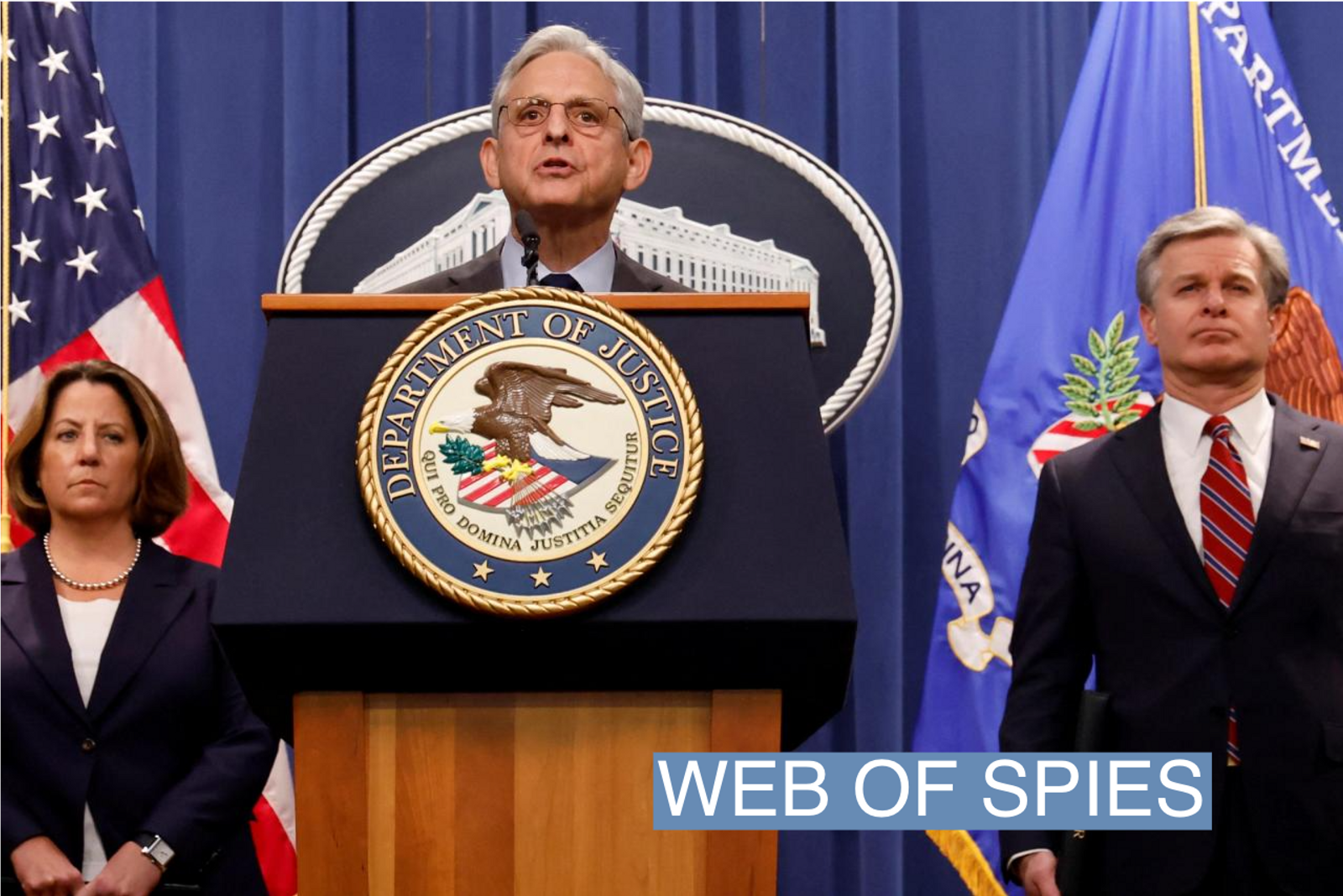U.S. Attorney General Merrick Garland, joined by Deputy Attorney General Lisa Monaco and Federal Bureau of Investigation (FBI) Director Christopher Wray, at the Justice Department in Washington, U.S. October 24, 2022.