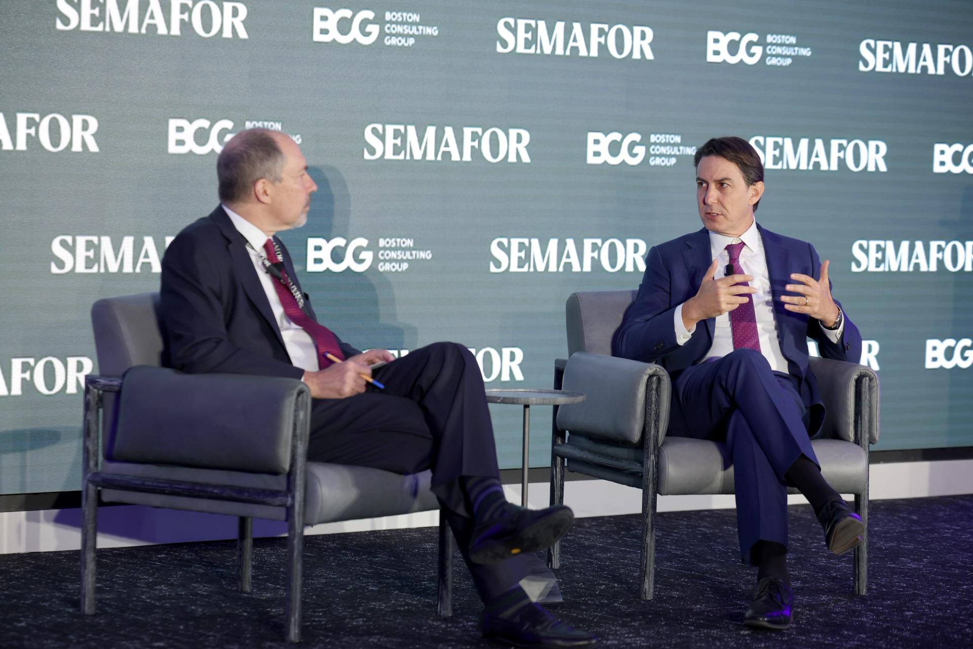 Marcus Brauchli, Former Editor, Wall Street Journal and Washington Post & Semafor Contributor, and Amos Hochstein, Senior Advisor to the President for Energy and Investments, White House, speak onstage during Semafor World Economy Summit.