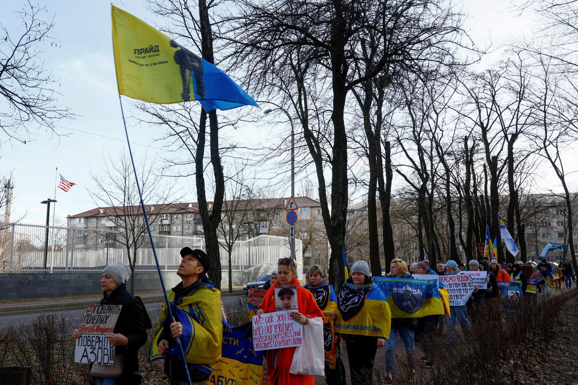 Relatives of Ukrainian prisoners of war attend a rally outside the US embassy in Kyiv.