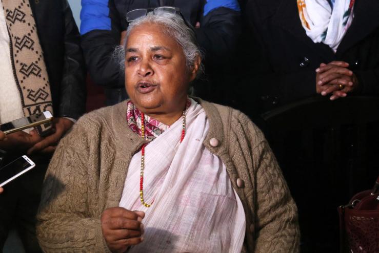 Nepal’s former Chief Justice Sushila Karki speaks with the media after meeting Doctor Govinda KC, who has been on a hunger strike to demand the government make reforms in the medical sector, in Kathmandu, Nepal, January 30, 2019.